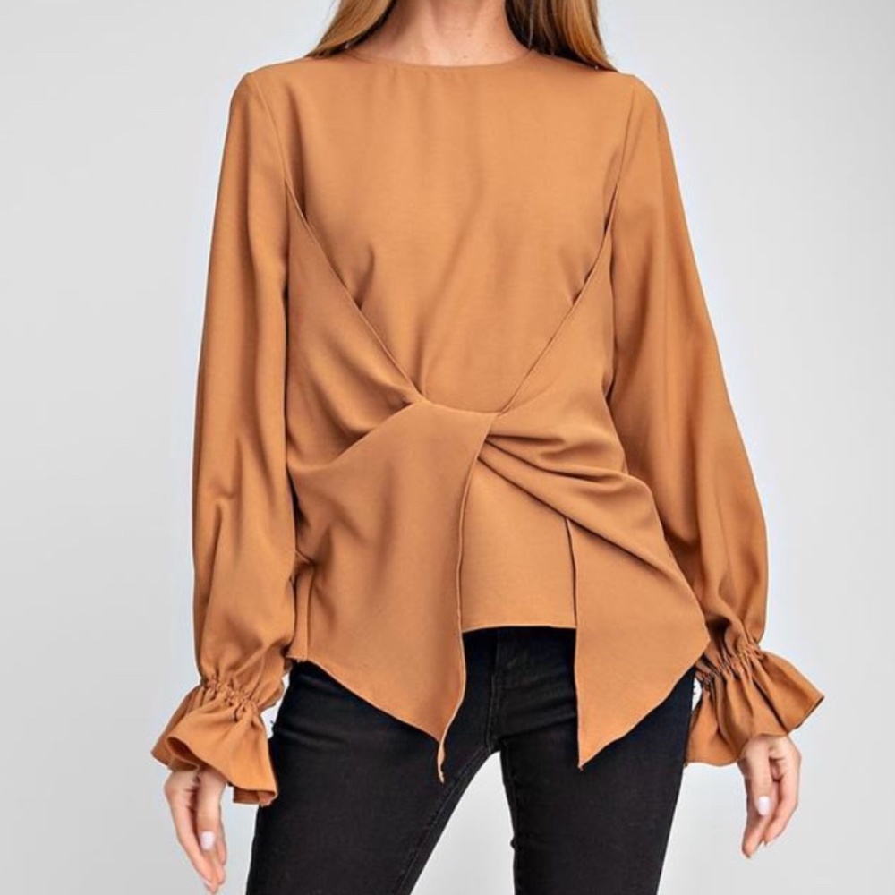 *NEW* TAN TWIST-FRONT LONG SLEEVE BLOUSE WITH RUFFLE CUFF